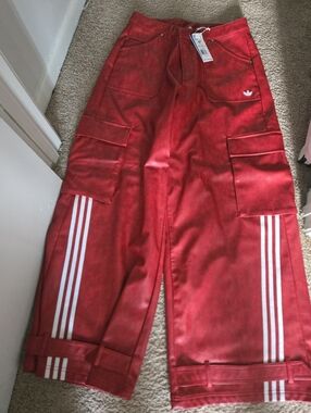 Adidas Red Wide-Leg Faux Leather Cargo Track Pants with White Stripes